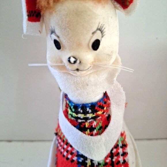 Flocked White Mouse Christmas Ornament 6" Plaid Apron Ears Vintage Taiwan - Picture 5 of 10